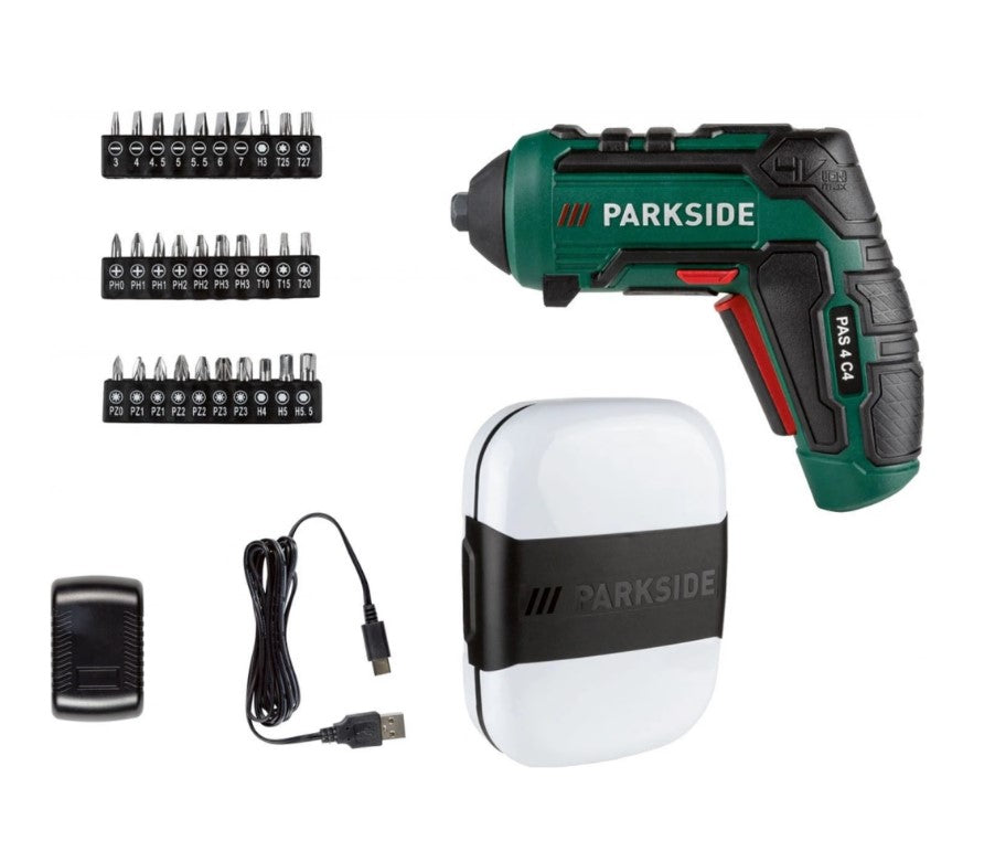 Parkside® Cordless Screwdriver PAS 4 C4 Cordless Drill Driver with 30 Bits and USB Charger