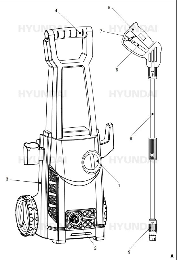 Technical diagram of a Hyundai pressure washer with labeled parts.